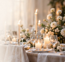 Dukat bröllopsbord med levande ljus och vita blommor