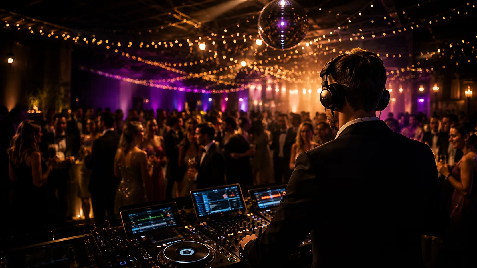 DJ spelar på fest med dansgolv, ljus och gäster