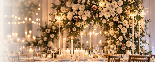 Dukat festbord med ljus och blomsterarrangemang