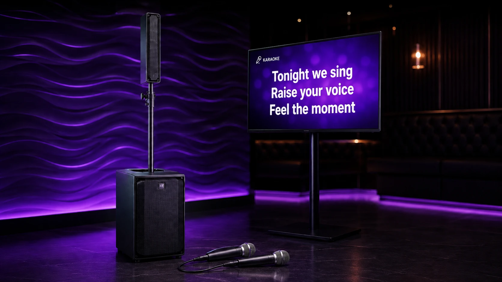 Karaokepaket med textskärm, mikrofoner och ljudsystem för fest i Stockholm
