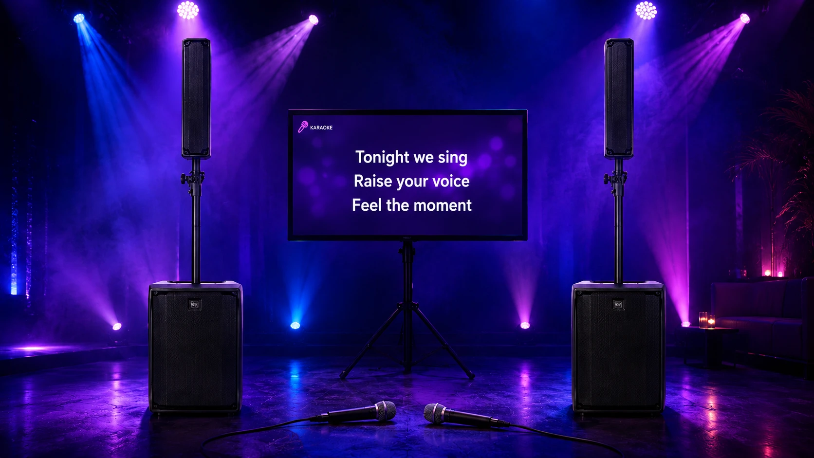 Karaokepaket med textskärm, mikrofoner och ljudsystem för fest i Stockholm
