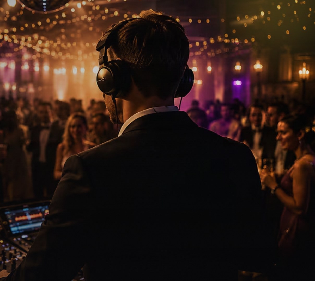 DJ med hörlurar spelar för en full festlokal