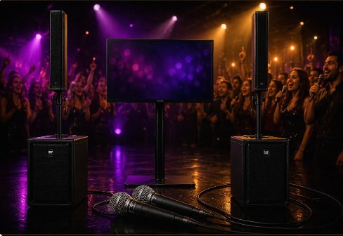 Karaokeanläggning med textskärm och mikrofoner